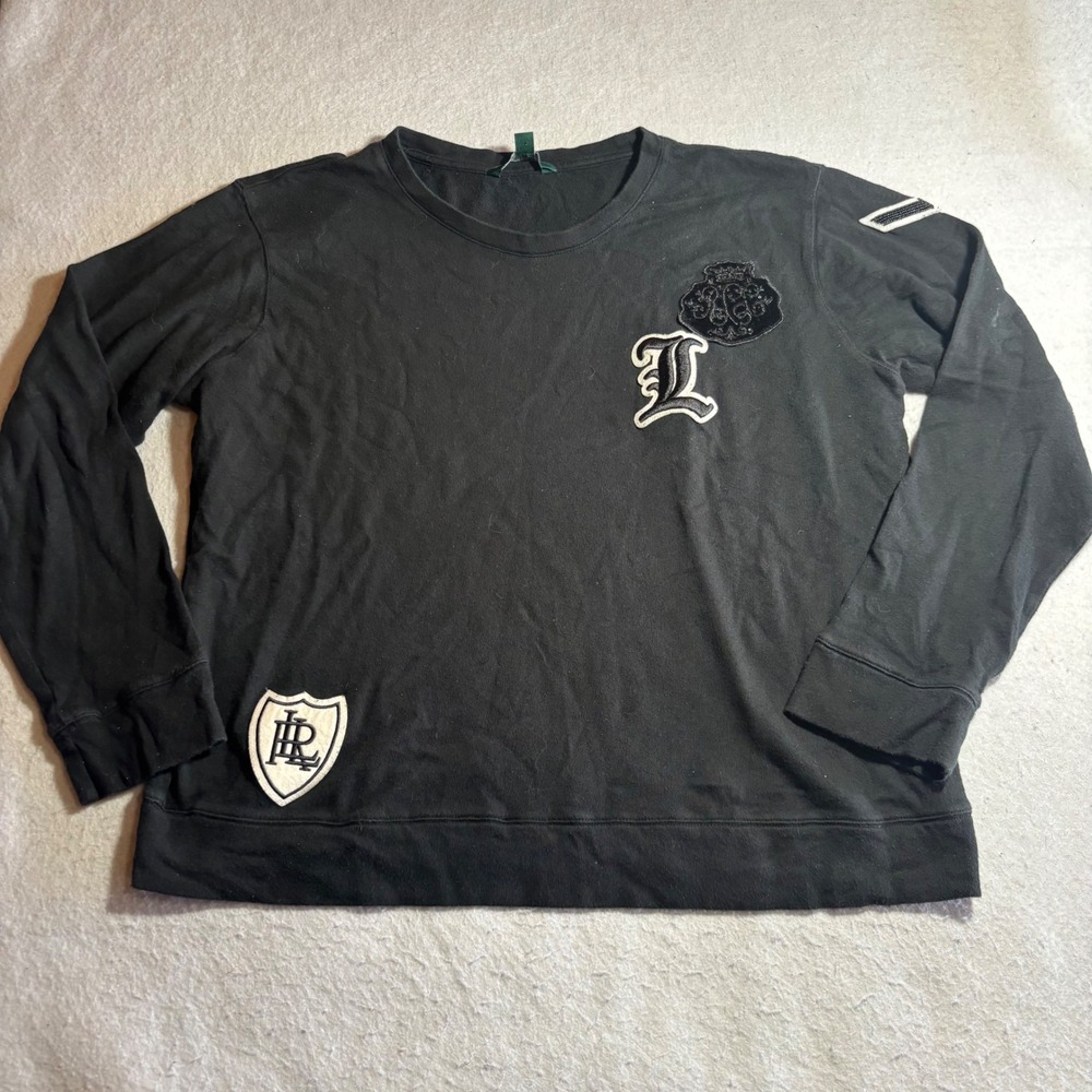 LAUREN Ralph Lauren Women Black Varsity Crew Neck Long Sleeve Sweatshirt Top L